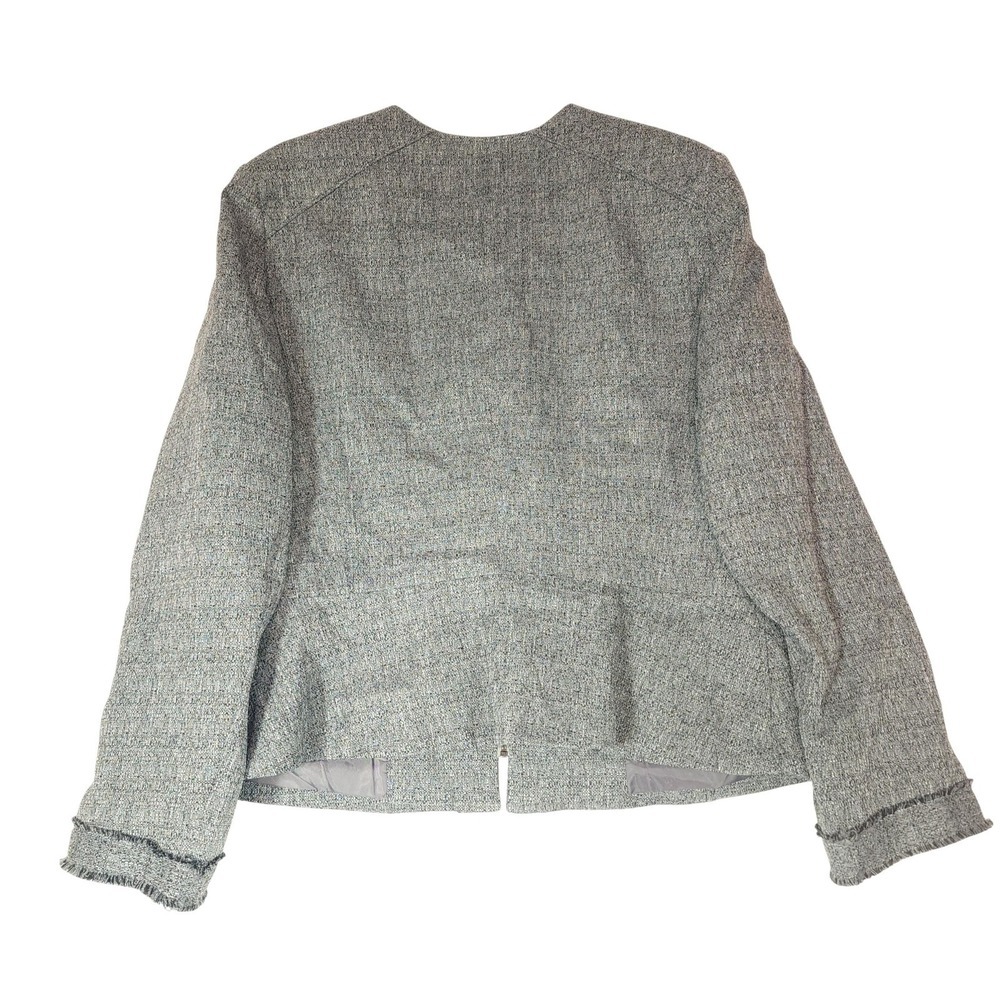 Emily Blazer Jacket Womens 16 Gray Tweed Collarless Full Zip Fringe Pockets - Picture 5 of 9